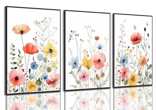 KISSFOX Framed Colorful Wildflower Canvas Wall Art Set Of 3 Flowers Pictures Prints Flowers Printing Floral Watercolors Flower wall Decor Living Room Girls Bedroom Bathroom - color: White, size: 16x24 In Black Framed