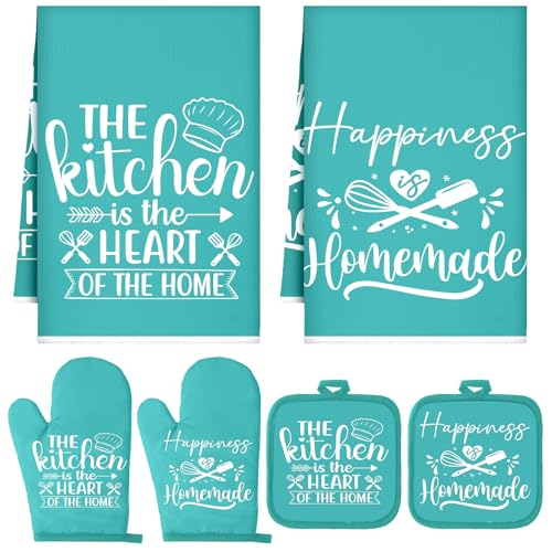 Sratte 6 Pcs Kitchen Decor Accessories Set, Kitchen, Light Teal | Farmhouse Kitchen Towels Pot Holders Oven Mitts Set 2 Dish Towels 2 Potholders 2 Cooking Mittens for Baking Cooking Supply - color: Light Teal, style: Kitchen