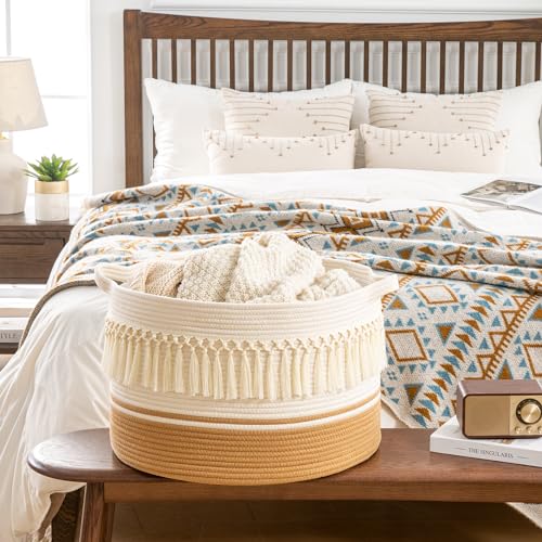 KAKAMAY Large Blanket Basket (20"x13"),Woven Baskets for storage Baby Laundry Hamper, Cotton Rope Blanket Basket for Living Room, Laundry, Nursery, Pillows, Baby Toy chest (White Fringe) | Extra Large Capacity | Natural Cotton Rope | Blanket Storage | Wov