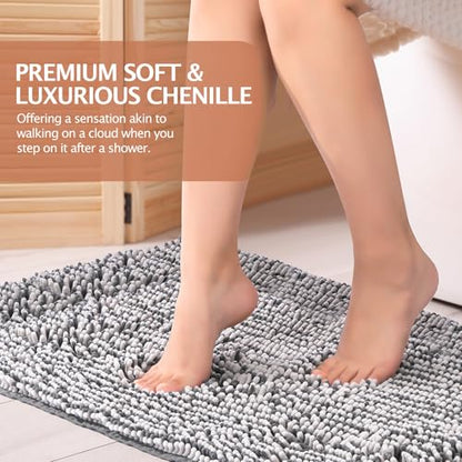 Chenille Bathroom Rugs Set 2 Piece, Absorbent Bath Rugs, Non-Slip Bath Mats, Machine Washable Rugs for Bathroom Floor, Tub and Shower, Gray&White (20 × 30 Plus 17 ×24 - Inch) - color: Gray & White
