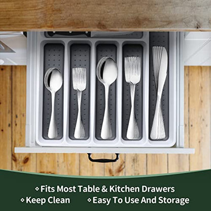 49-Piece Silverware Set with Organizer, CEKEE Stainless Steel Flatware Cutlery Set Service for 8, Mirror Polished Kitchen Utensils Set with Steak Knives Included Spoons and Forks Set & Tray