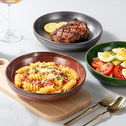 HAPPY KIT Stoneware 9'' Pasta Bowls 42oz Set of 4, Emerald Green - color: EmeraldGreen