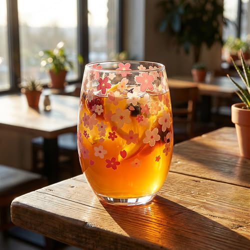 Hand Blown Etched Stemless Wine Glasses 19oz, Set of 4, Everyday Drinking Glasses, Large capacity, Unique Gifts for Him Her for Birthday, Wedding, Anniversary (Clear With Cherry Blossoms) - color: Clear With Cherry Blossoms
