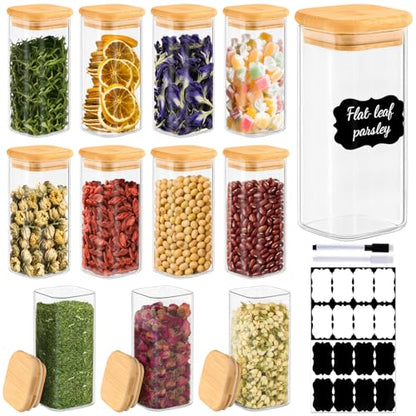12 Pack 10 oz Square Glass Spice Jars with Lids and Labels – Airtight Small Spice Containers Set, Clear Glass Storage Jars for Seasoning, Spices, Kitchen Pantry Organization - color: Square/10oz/12pcs