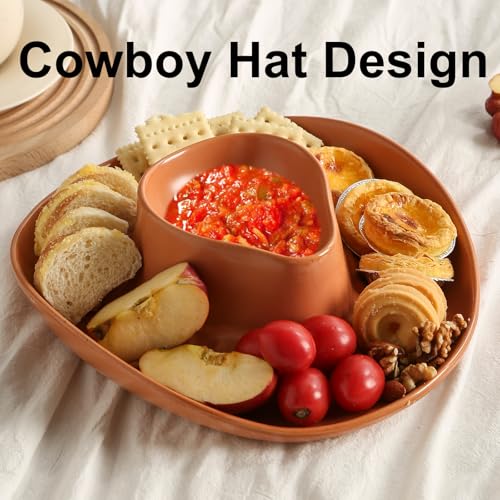 Chip and Dip Serving Set Bowl Cowboy Hat Chips and Salsa Serving Dish Brown. - color: Brown with spots