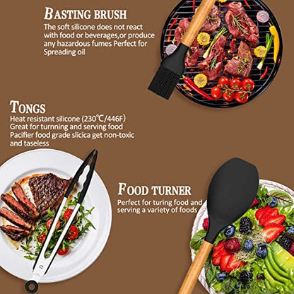Umite Chef Kitchen Cooking Utensils Set, 33 pcs Non-Stick Silicone Cooking Kitchen Spatula Set with Holder, Wooden Handle Silicone Kitchen Gadgets Utensil Set (Black) - color: Black