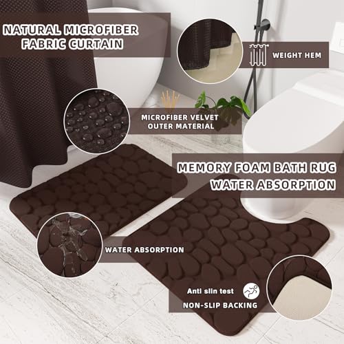 XLHOMO Bathroom Accessories Set - 25PC Brown Bathroom Sets with Shower Curtain and Rugs, Bathroom Accessory Set, Brown Shower Curtain Set, Trash Can, Qtip Holder Dispenser & Soap Dispenser - size: Bath Set+Shower Curtain+Rugs, style: Brown&Gold