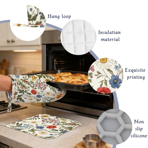 Wildflowers Butterfly Pot Holders and Oven Mitts Set Silicone Tropical Herbs Kitchen Gloves Potholders Heat Resistant Washable,Chef Cooking Baking Gifts for Women Men Bakers Lover Cooks - color: Wildflowers Butterfly,tropical Herbs