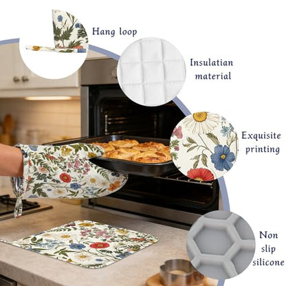 Wildflowers Butterfly Pot Holders and Oven Mitts Set Silicone Tropical Herbs Kitchen Gloves Potholders Heat Resistant Washable,Chef Cooking Baking Gifts for Women Men Bakers Lover Cooks - color: Wildflowers Butterfly,tropical Herbs