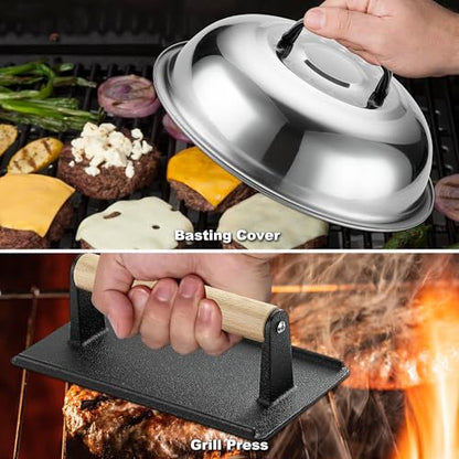 ROMANTICIST 29PCS Griddle Accessories Set - Flat Top Teppanyaki Spatula Set with Scraper, Basting Cover for Camp Chef- Home Cooking Griddle and Outdoor BBQ Gifts for Father's Day - style: Brown