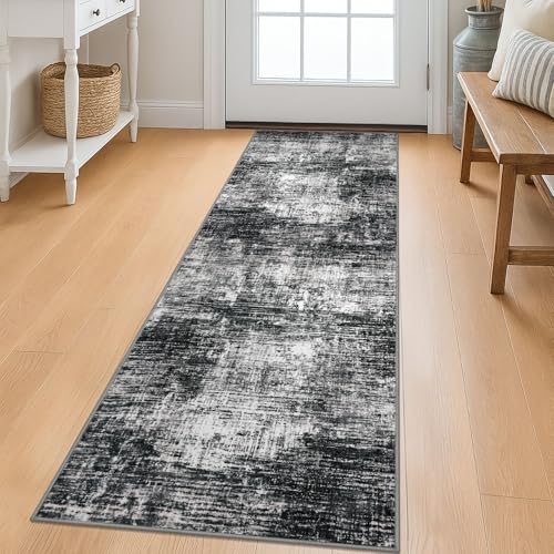 KILOCOCO Abstract Runner Rug 2x6 ft Washable Hallway Runner, Black/Grey | Machine Washable Kitchen Runner, Non Slip Entryway Runner, Printed Carpet Runners, Abstract Floor Runners, Soft Bedside Rug - color: Black/Grey, size: 2' x 6' (Runner)