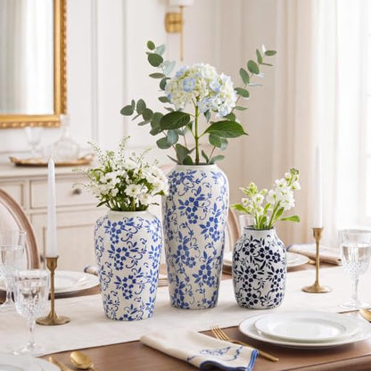 LemonRoad 3 Pack Chinoiserie Vases Porcelain Blue and White Vases for Flowers Pottery Chinoiserie Ceramic Vase for Living Room Mother's Day Decor Table Centerpiece, 6.9", 8.7", 11.8"(Rustic) - style: Rustic