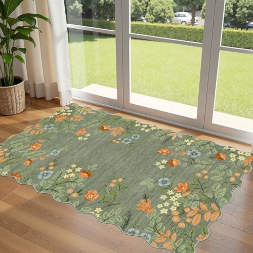 Sage Green Floral Entry Rug - 3x5 Ft Washable Indoor Outdoor Mats for Front Door Non-Slip Porch Rug Non-Slip Boho Throw Rugs for Living Room Bedroom Entryway Kitchen Office Porch Decor - color: Floral - Green, size: 3' x 5' (Rectangular)