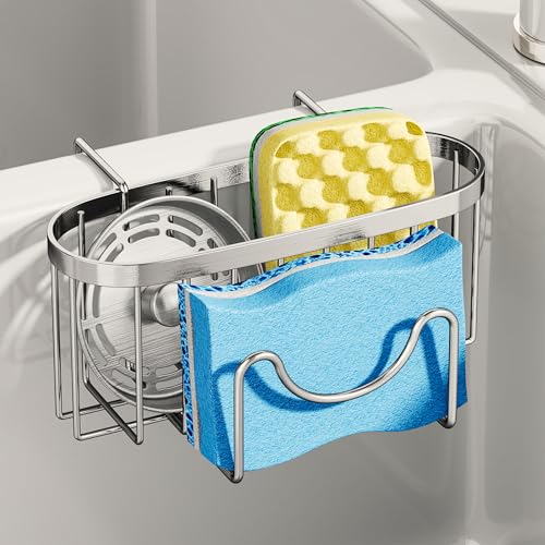 SWTYMIKI Sponge Holder for Kitchen Sink - Movable Kitchen Caddy with M Shape Hook, Stainless Steel Hanging Sponge Caddy for Sponges, Brush, Stopper Organizer in Double Bowl Sink, Silver - color: Silver-regular
