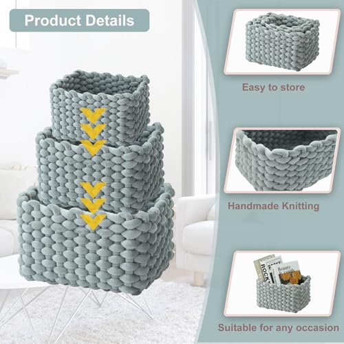 hand-knitted velvet rope storage basket set of 3 - soft cotton rope desktop cosmetics organizer box - nesting multi-functional storage basket (Light gray) - color: Light Gray