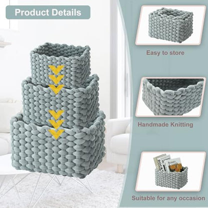 hand-knitted velvet rope storage basket set of 3 - soft cotton rope desktop cosmetics organizer box - nesting multi-functional storage basket (Light gray) - color: Light Gray