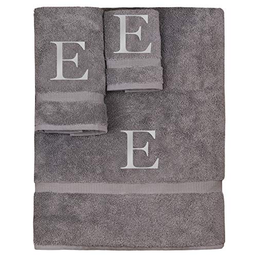 Monogrammed Towel Set, Personalized Gift, Set of 3- Silver Block Letter Embroidered Towel - Extra Absorbent 100% Turkish Cotton - Soft Terry Finish - Initial E Gray - color: Gray & Silver, size: Initial - E