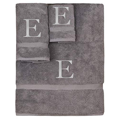 Monogrammed Towel Set, Personalized Gift, Set of 3- Silver Block Letter Embroidered Towel - Extra Absorbent 100% Turkish Cotton - Soft Terry Finish - Initial E Gray - color: Gray & Silver, size: Initial - E