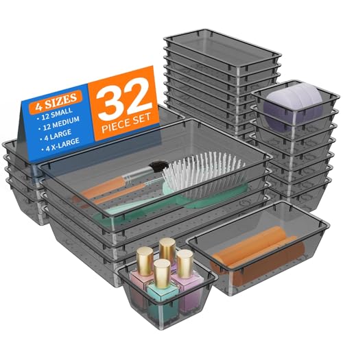 StorMiracle 32 PCS Clear Plastic Drawer Organizer Set, 4-Size vanity organizer Trays and Storage Bins for Makeup, Jewelry and Gadgets in Bedroom, Bathroom and Office, Clear Black - color: Black