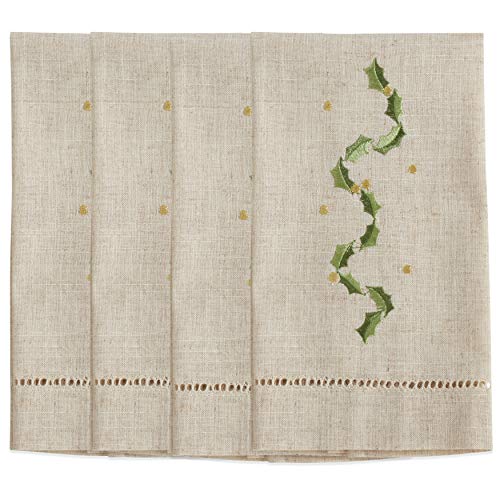 Saro Lifestyle Embroidered and Hemstitched Holly Leaves Guest Towel (Set of 4), Natural, 14"x22" - color: Holly Leaves