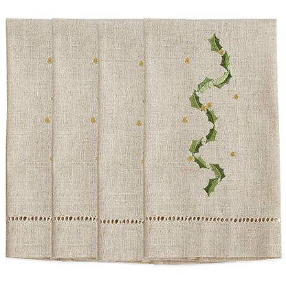 Saro Lifestyle Embroidered and Hemstitched Holly Leaves Guest Towel (Set of 4), Natural, 14"x22" - color: Holly Leaves