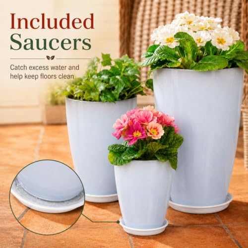 Neoaider Set of 3 Tall Planter, 24/21/12in Large Plastic Planter, WhiteJade | Ceramic-Look, Lightweight, Built-in Drain Hole, Saucers, Tall Outdoor Planter for Porch, Garden, Patio, Balcony - color: White Jade