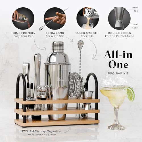 BARE BARREL® Mixology Bartender Kit Bar Set | 14-Piece Cocktail Shaker Set | Martini Barware Mixing Tools for Home Bartending | 35 Recipe Cards | Gift Set (24oz Cobbler Shaker, Silver/Natural) - color: Silver/Natural