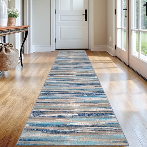 Lansny Abstract 2x12 Runner Rug Washable Runners for Hallway Non Slip | Blue;Thin Printed Faux Wool Runners;Rubber Backed Floor Carpet Runners 12ft;Extra Long Runner Rug for Hall Entryway - color: Blue Aqua/Beige Taupe Multi, size: 2' x 12' (Runner)