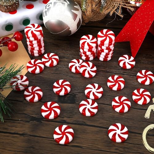 JUNEBRUSHS 1 Inch Candy Cane Christmas Decorations, 50 Pcs Plastic Fake Peppermint Candy Ornaments Red And White For Xmas Holiday Decor Party Favors Crafts - style: Candy Cane Style