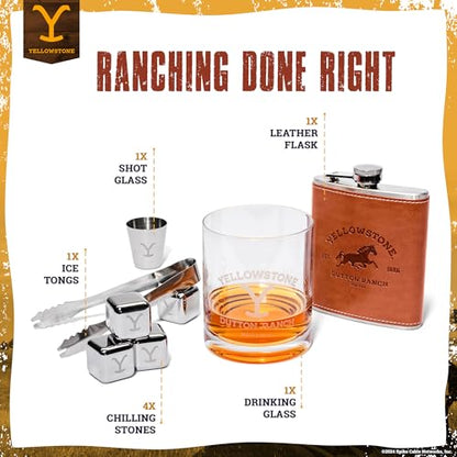 Dragon Glassware x Yellowstone Barware Gift Set of 4 - Official Merchandise | Includes Yellowstone Drinking Glass, Shot Glass, Leather Flask & Chilling Stones