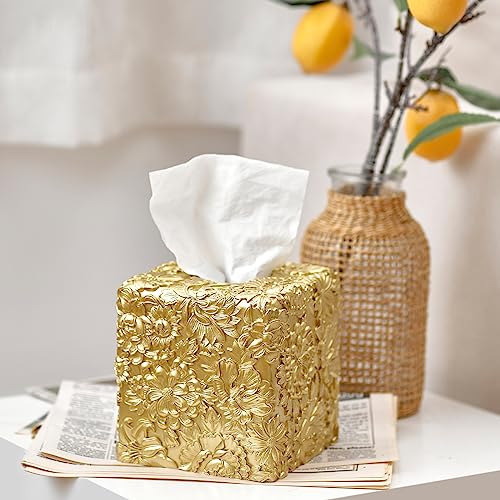 Polytree Square Tissue Box Cover,Tissue Box Holder for Bathroom Home Decor,Hand Carved 3D Florwers Tissue Case,Farmhouse Paper Organizer,Sunflowers Gold