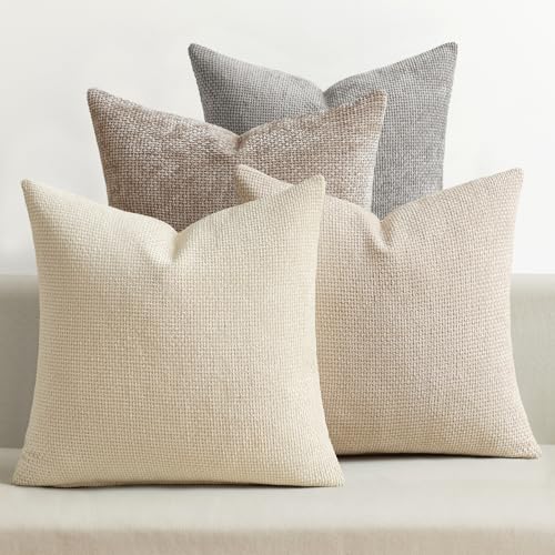 MIULEE Decorative Chenille Pillow Covers Neutral Beige 16x16 Pack of 4 | Modern Home Decor, Cozy Cream Collection, Couch Throw Pillows, Farmhouse Boho Cushion Covers for Sofa Bed Living Room - color: Neutral Beige/Brown, size: 16" x 16" (Pack of 4)