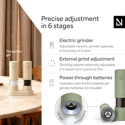 LARS NYSØM Electric Salt and Pepper Grinder Set I Automatic Salt and Pepper Mills with Adjustable Ceramic Grinder I AAA-Battery Operated Electric Spice Mill Set (Sage Green) - color: Sage Green