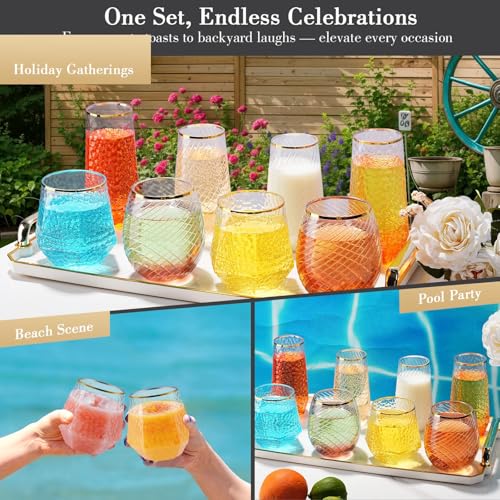 48 Pack Plastic Wine Glasses – 24 x 9oz Stemless Champagne Flutes & 24 x 12oz Disposable Wine Glasses – Plastic Cups with Gold Rim – BPA-Free Drinkware for Weddings, Parties (Gold Rim Hammered) - color: Gold Rim Spiral