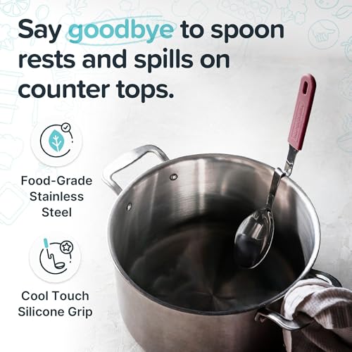 Souper Cubes Stainless Steel Spoon with Silicone Grip & Pot Hook, Cranberry | Durable Cooking Spoon Hooks to Your Pot to Help Prevent Drips and Keep Counters and Stovetop Clean - color: Cranberry, size: Spoon 1-Pack