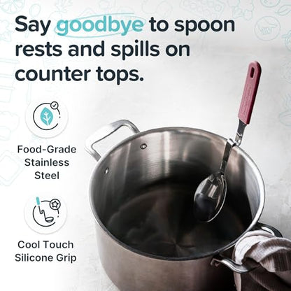 Souper Cubes Stainless Steel Spoon with Silicone Grip & Pot Hook, Cranberry | Durable Cooking Spoon Hooks to Your Pot to Help Prevent Drips and Keep Counters and Stovetop Clean - color: Cranberry, size: Spoon 1-Pack