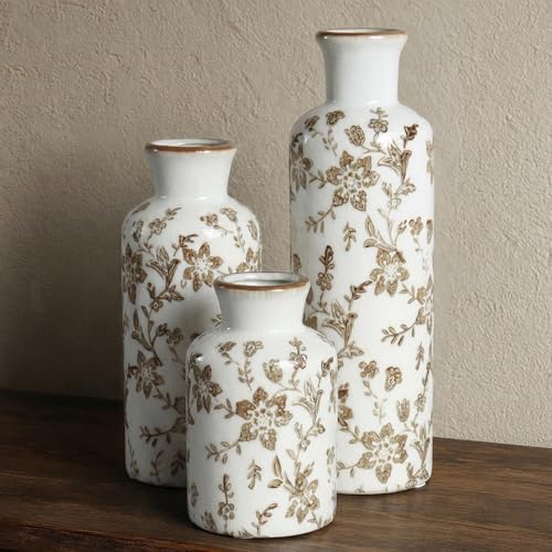 Brown Ceramic Vase Set of 3, Vintage Brown Floral Vases for Home Decor | Crackle glaze and distressed rims for living room mantels and dining table centerpieces - color: Brown