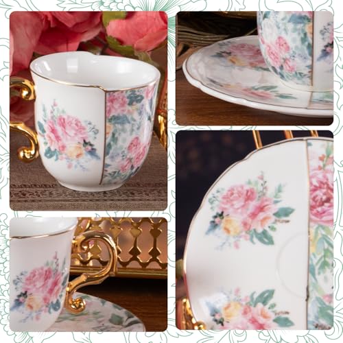 KAMMAK Tea Cups and Saucers Set of 2, 4 oz Porcelain Coffee Cups, YX013 | Stackable Espresso Mugs, Ceramic Demitasse for Coffee, Cappuccino, Latte, Americano, Tea - size: 8CZYX013