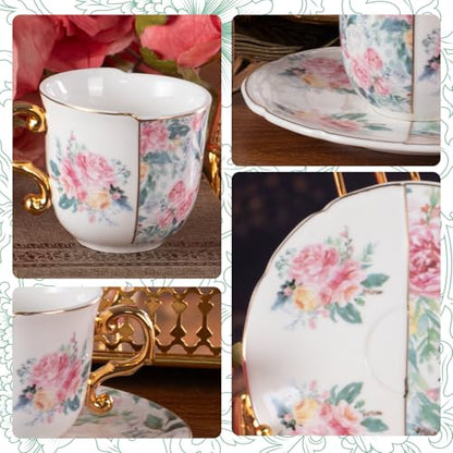 KAMMAK Tea Cups and Saucers Set of 2, 4 oz Porcelain Coffee Cups, YX013 | Stackable Espresso Mugs, Ceramic Demitasse for Coffee, Cappuccino, Latte, Americano, Tea - size: 8CZYX013