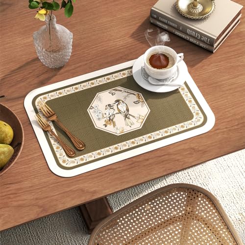 Vinyl Waterproof Placemats Set of 6 Rectangular,12"*17"-Murad E | Wipeable Beautiful Green Place Mats,Stain Resistant,Heat Resistant,Everyday Meals,Kitchen,Dinning,Holiday,Decor - color: Murad E