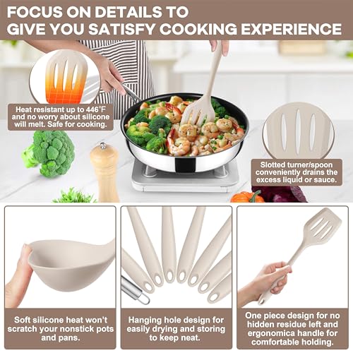 TeamFar Silicone Cooking Utensils Set, 8 PCS Kitchen Utensils Set, Khaki | 446°F Heat Resistant Turner, Spatula, Spoon, Whisk, Kitchen Cooking Gadgets Tools, for Nonstick Cookware, Dishwasher Safe - color: Khaki
