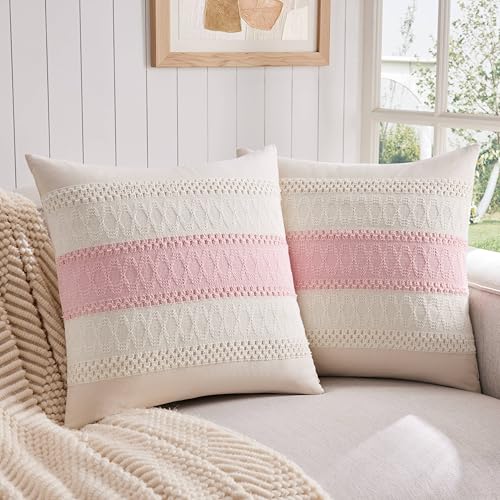 2 Pack Boho Throw Pillow Covers, Contrast Light Pink 18x18in | Soft Breathable Cotton, Farmhouse Decorative Couch Pillow Cases, Cushion Covers for Sofa Bed Living Room Home Decor - color: Contrast/Light Pink, size: 18" x 18" (Pack of 2)