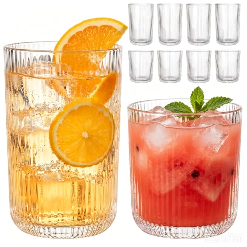 Set of 8 Clear Ribbed Drinking Glasses,4 Highball Glasses 13.2oz & 4 Rocks Glasses 8.5oz,Vintage Glassware for Water, Juice, Iced Coffee, Cocktails,Housewarming Christmas Gift - color: Clear