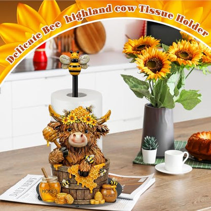 Bee Highland Cow Paper Towel Holder Sunflower Honey Kitchen Bathroom Decor Farmhouse Large Metal Highland Cow Honeycomb Towel Holder Stand with Round Base for Home Countertop Accessories - style: Honey Bee