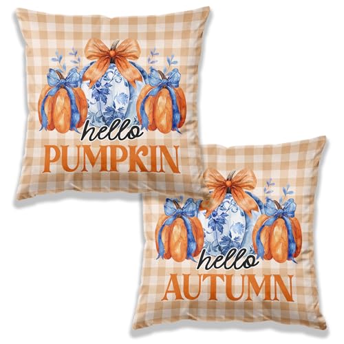 Chinoiserie Fall Pumpkin Pillow Covers 18x18 Set of 2,Autumn Decor,Blue and White Orange Chinoiserie Pumpkin Decorative Throw Pillow Covers for Home Bedroom Living Room - color: 23color