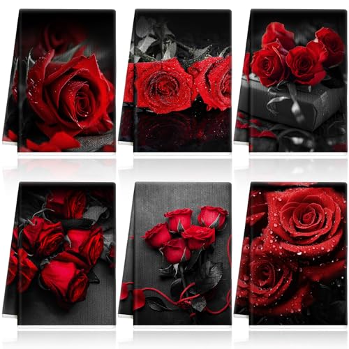 Set of 6 Red Rose Kitchen Towels Vintage Themed Dish Towel Bathroom Decorative Rustic Cloths Tea Towels for Kitchen Bathroom Home Cooking Housewarming Gifts, 14 x 21 Inch - color: Red, Black, style: Rose