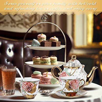 Zhehao 20 Pcs Porcelain Tea Set with Metal Holder and Spoon Adult Ceramic Tea Set European Flower Painting Teapot Cup Saucer Spoon for Women Mom Gift, Large Version (Bright Style) - color: Bright Style