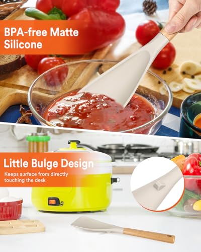 Multifunction Spoon for Nonstick Cookwares, Great for Cooking and Serving, Sturdy BPA-Free Matte Silicone, Wood Handle spoonula for Mixing, Scoop, and Scrape, Khaki(2 pack,11.4" & 13.4") - color: Khaki