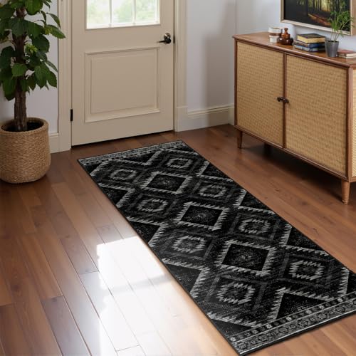 2'x6'Washable Area Rug for Living Room Runner Black | Soft Western No Slip Low Pile Print Foldable Indoor Small Rug for Kitchen entrance entryway hallway - color: Black, size: 2' x 6' (Rectangular)