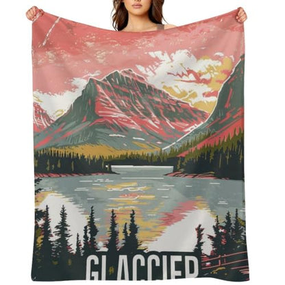 Mid Century Glacier National Park 01 Flannel Blankets Fleece Soft Throw Lightweight Plush Gifts for Couch, Bed, Cozy Sofa Plush, Chair, Lovers 50x60in(125x150cm) - color: Style-1, size: 50x60in(125x150cm)
